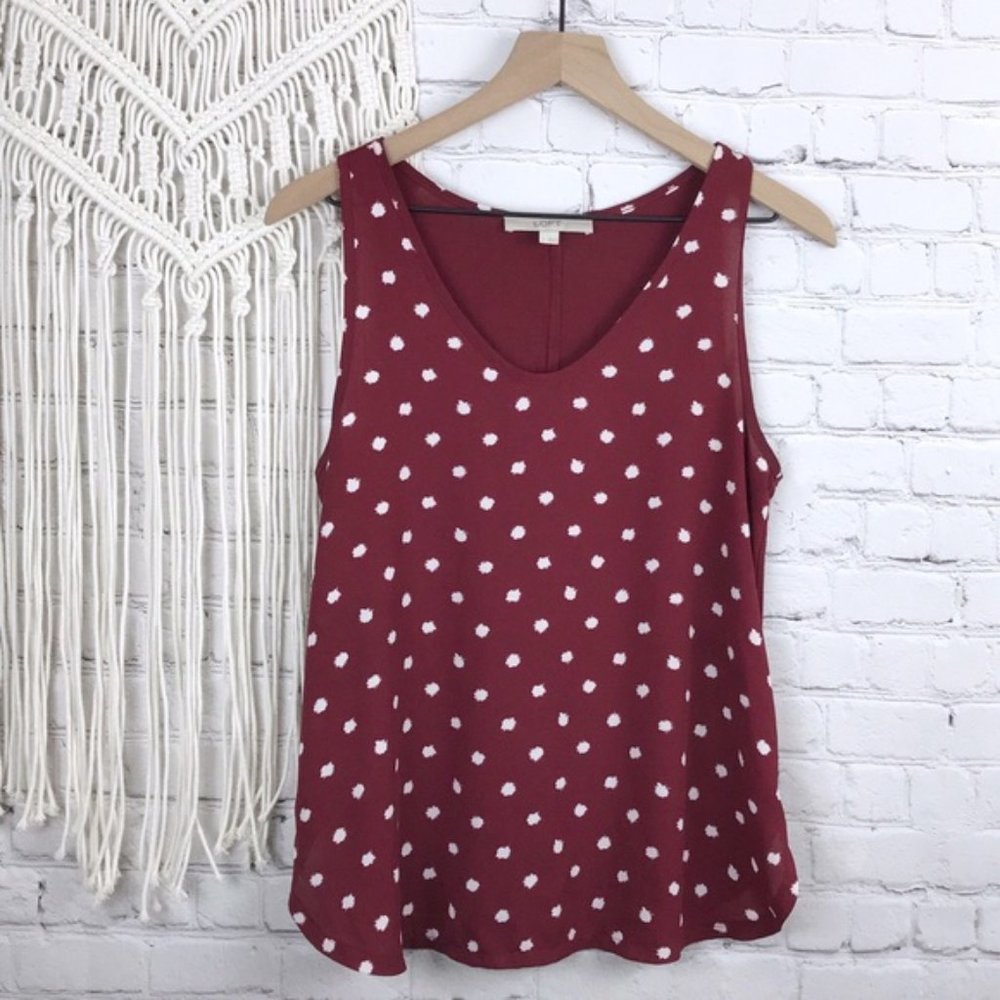 LOFT Deep Red Mixed Media Polka Dot Shell Tank